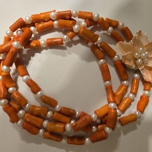Elegant Coral beads and Pearls with Mother of Pearl Beaded Necklace.